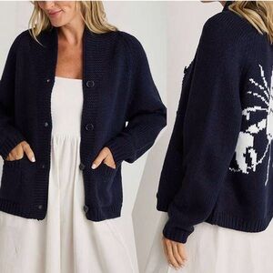 Navy Floral Knit Button-Up Cardigan Sweater